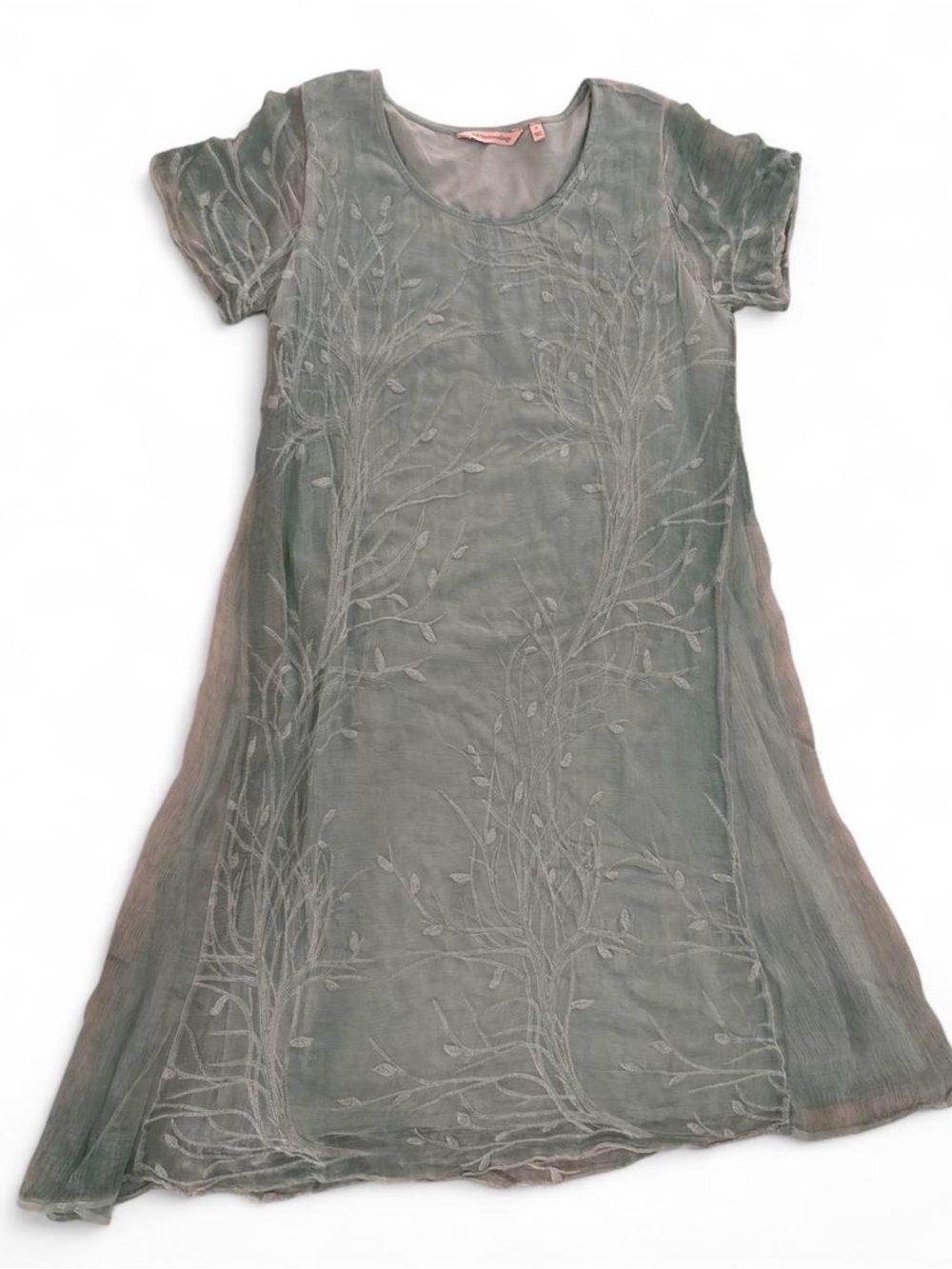 Women's Embroidered Mint Green Short-Sleeve Dress Silk/Cotton/Spandex